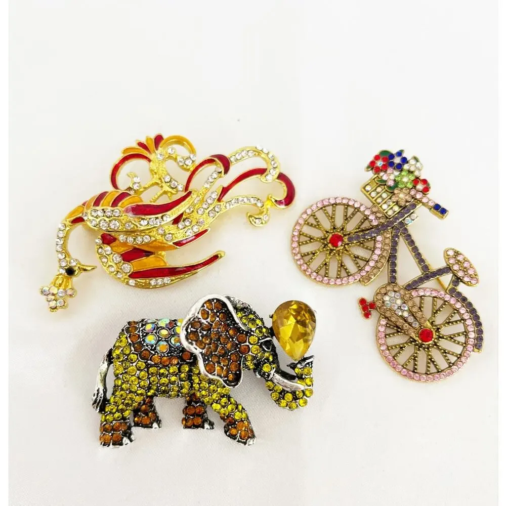 JEWELRY 10 BROOCHES Elephant Bicycle Spoon French Horn Starfish Crystal Gold Ge